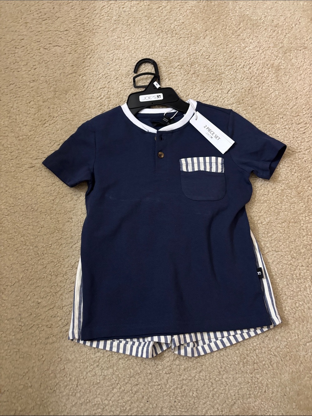 Kids Navy Short Sleeve Henley Top with Striped Pocket - Unbranded